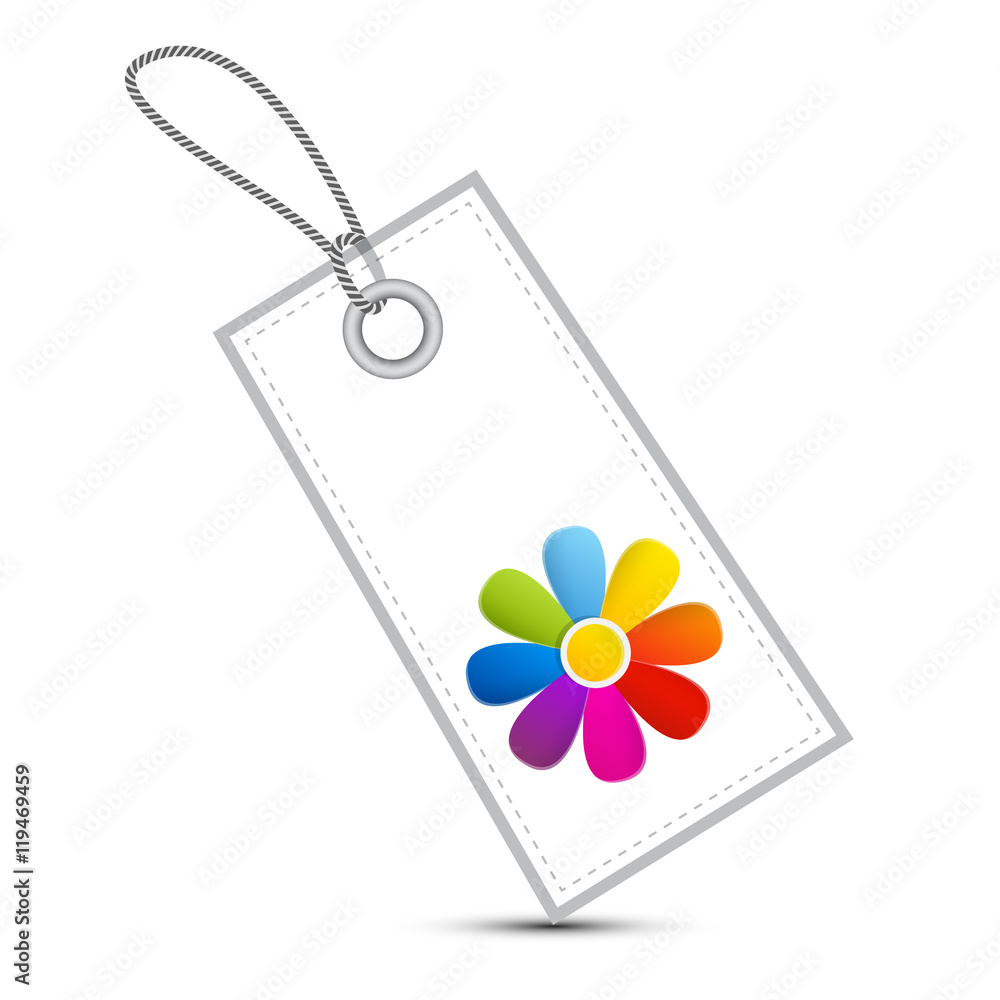 Poster colorful flower on white vector label - tag with string isolated on white background.