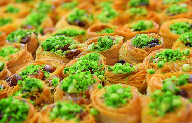 eastern sweets, baklava with honey and pistachio nuts