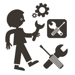 Man with Wrench Icon. Vector Tools Symbols. Screwdriver - Cogs - Gears and Man Holding Wrench.