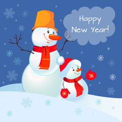 Two cheerful snowman. Greeting card. New Year.