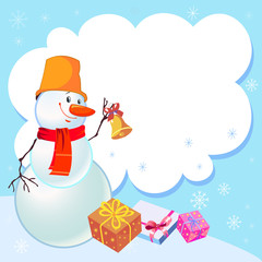 Cheerful snowman. Greeting card. New Year. Gifts. Beautiful background.