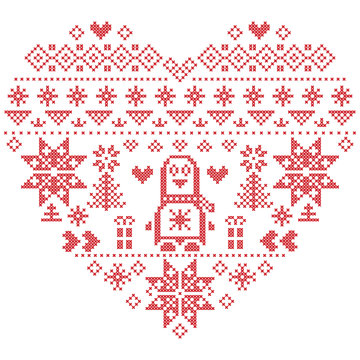 Heart Shape Scandinavian Printed Textile  style and inspired by  Norwegian Christmas and festive winter seamless pattern in cross stitch with Christmas tree, snowflakes, Penguins, hearts on white 