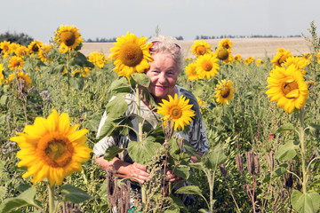 Glückliche Seniorin steht lächelnd in einem Sonnenblumenfeld