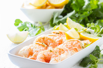 Shrimps prawns with fresh herbs and lemon