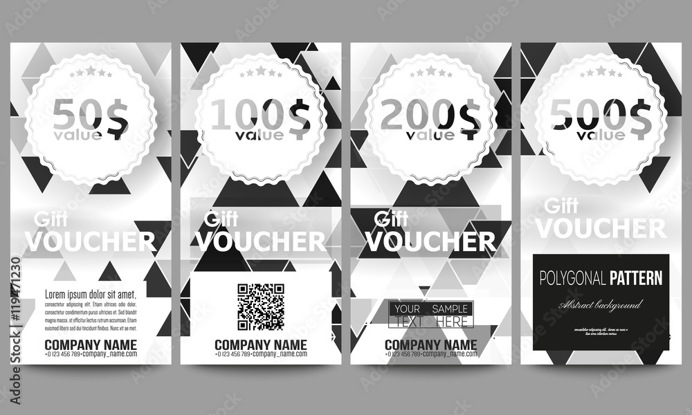 Poster set of modern gift voucher templates. triangular vector pattern. abstract black triangles on white b