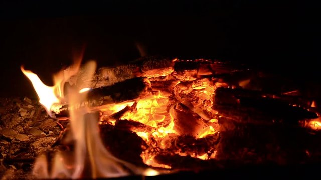 The firewood burning in a brazier closeup in the night. 