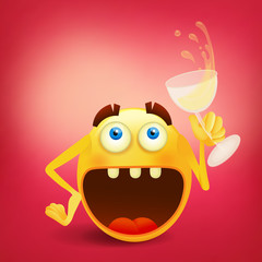 Funny laughing smiley yellow face with glass of wine
