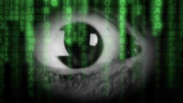 The big eye of a woman, looking in camera, scared, with random symbols falling down (code rain, a popular sci-fi movie effect). Film-noir style. Detail macro shot.
