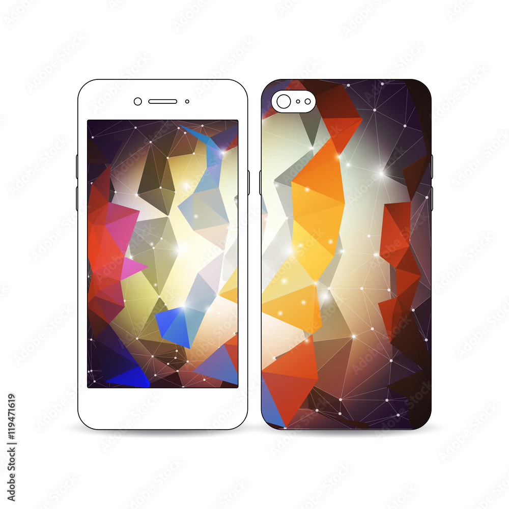 Poster mobile smartphone with an example of the screen and cover design isolated on white. molecular constr