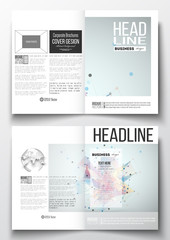 Business templates for brochure, magazine, flyer, booklet or report. Molecular construction with connected lines and dots, scientific pattern on colorful polygonal background, triangle vector texture