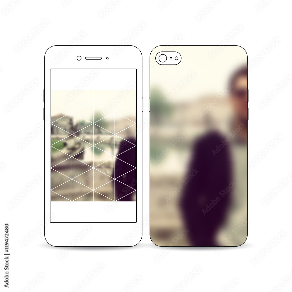 Poster mobile smartphone with an example of the screen and cover design isolated on white. polygonal backgr