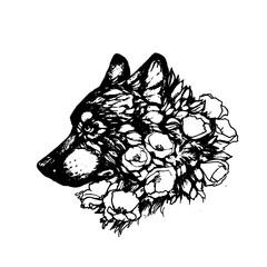 Эскиз татуировки волк и цветы