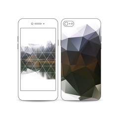 Mobile smartphone with an example of the screen and cover design isolated on white. Colorful polygonal backdrop, blurred natural background, modern stylish triangle vector texture