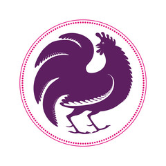Bird rooster, symbol of New Year. Sign of the Chinese calendar. Stylized, cartoon, sketch, vector, inscribed in a circle. Isolated on background.