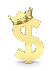 Isolated golden dollar sign with crown on white background. American currency. Concept of investment, american market, savings. Power, luxury and wealth. 3D rendering.