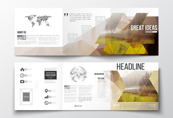 Vector set of tri-fold brochures, square design templates. Colorful polygonal backdrop, blurred natural background, modern stylish triangle texture.