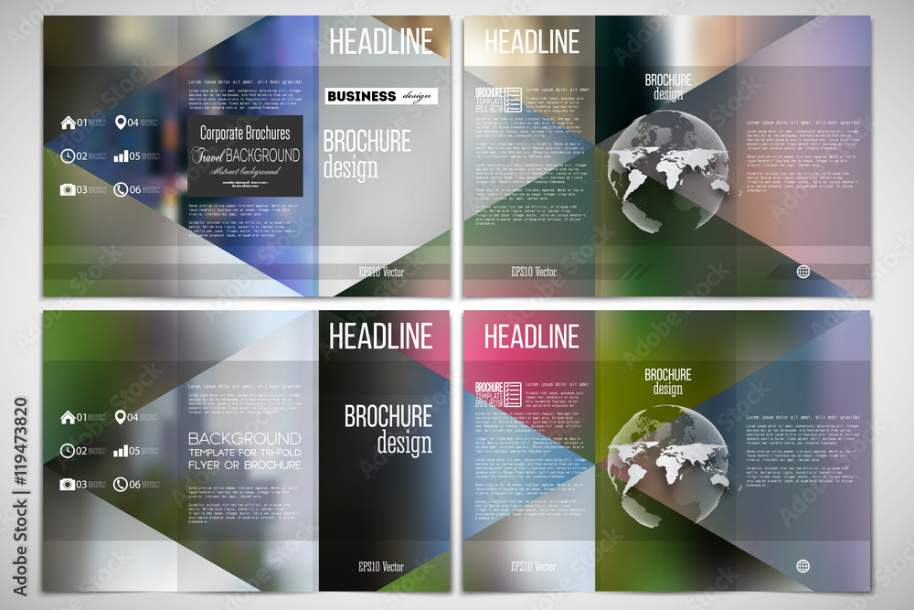 Poster set of tri-fold brochure design template on both sides with world globe element. abstract multicolor
