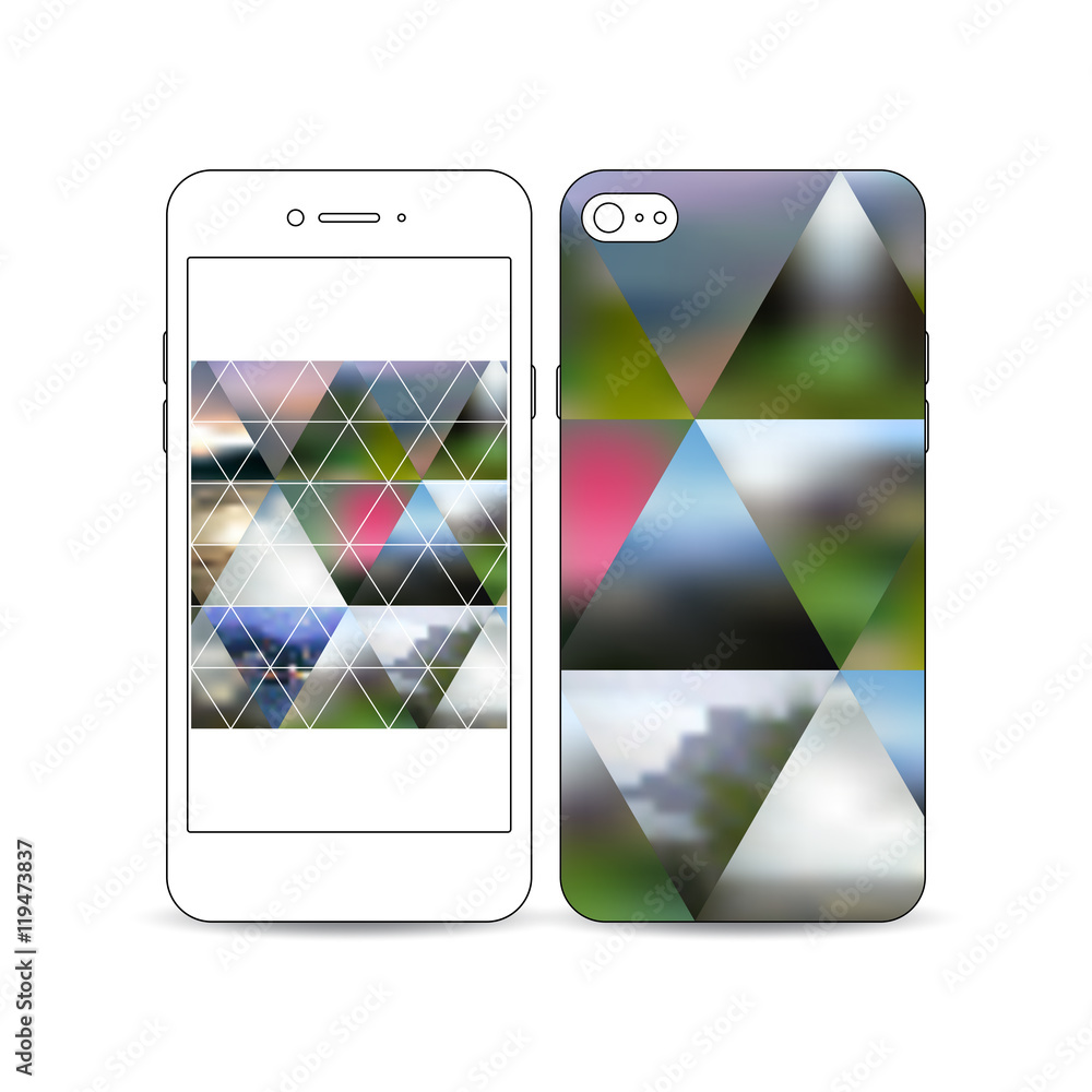 Poster mobile smartphone with an example of the screen and cover design isolated on white. abstract colorfu