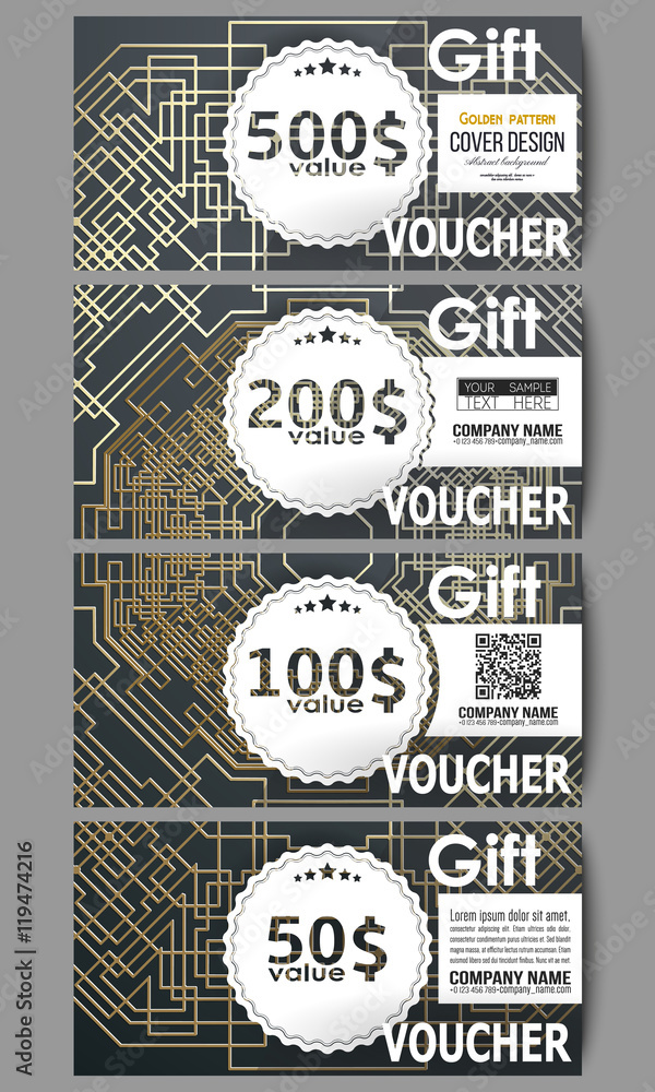 Poster set of modern gift voucher templates. golden technology pattern on dark background with connecting l