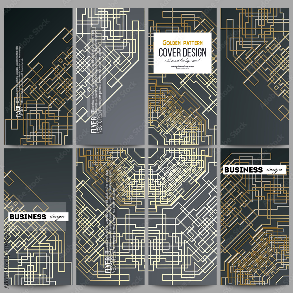 Poster set of modern flyers. golden technology pattern on dark background with connecting lines and dots, c