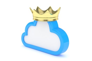 Isolated blue cloud icon with golden crown on white background. Symbol of communication, network and technology. Broadband. Online database. 3D rendering.