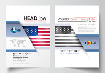 Business templates for brochure, magazine, flyer, booklet or annual report. Cover design template, easy editable blank, abstract flat layout in A4 size. Patriot Day background with american flag.