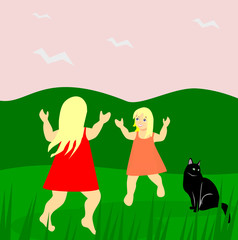 Girls and Cat.
