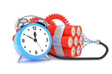 Alarm clock with dynamite. Dangerous weapon. Blue alarm clock with bundle of dynamiye sticks. Concept of deadline, violence, lack of patience. 3D rendering.