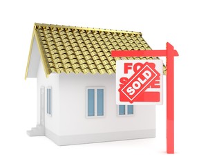 Isolated model of house with sign for sale sold. Concept of real estate, new apartment and moving to a new house. Golden roof. 3D rendering.