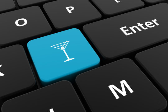 Computer keyboard, close-up button with a picture of a cocktail glass. 3D render of a laptop keyboard