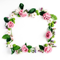 round frame wreath pattern with roses, pink flower buds, branches and leaves isolated on white background. flat lay, top view