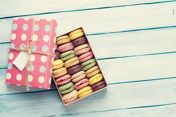 Colorful macaroons in a gift box