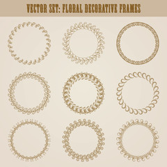 Vector set of decorative hand drawn elements, border, frame with floral elements for design of invitation, greeting, wedding, gift card, certificate, diploma, voucher. Page decoration in vintage style