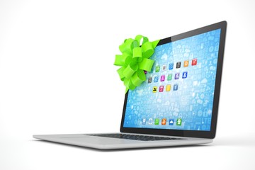Tied laptop with green bow on white background. Modern present or gift for birthday, holiday, christmas. 3D rendering.