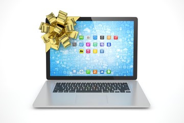 Tied laptop with golden bow on white background. Modern present or gift for birthday, holiday, christmas. 3D rendering.