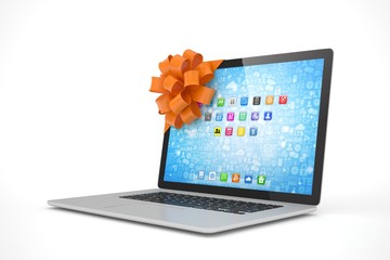 Tied laptop with red bow on white background. Modern present or gift for birthday, holiday, christmas. 3D rendering.
