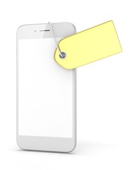 White smart phone with golden price tag on white background. Identification, price, label. Luxury and expensive offer. 3D rendering.