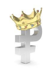 Isolated silver ruble sign with golden crown on white background. Russian currency. Concept of investment, russian market, savings. Power, luxury and wealth. Russia, Belarus. 3D rendering.