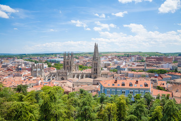 high view panorama cityscape of Burgos city, with famous gothic catholic cathedral St Mary or Santa...
