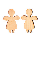 Wooden angels on a white background.