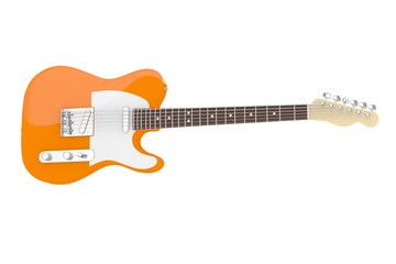 Isolated orange electric guitar on white background. Concert and studio equipment. Musical instrument. Rock, blues style. 3D rendering.