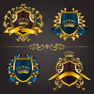 Set of golden royal shields for graphic design on background. Old frame, border, crown, floral element, ribbon, laurel wreath in vintage style for icon, label, emblem, badge, logo. Illustration EPS10