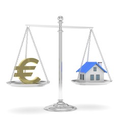 Isolated silver scales with golden euro and house on white background. Investment or savings concept. Real estate and currency. 3D rendering.