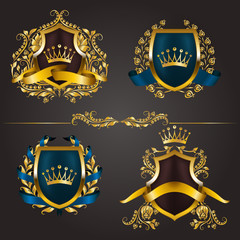 Set of golden royal shields for graphic design on background. Old frame, border, crown, floral element, ribbon, laurel wreath in vintage style for icon, label, emblem, badge, logo. Illustration EPS10