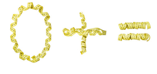 Number made from Yellow centimeter tape. Isolated zero, plus, eq