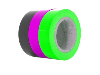 Black, purple, green insulation tape coils isolated on white background