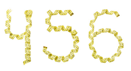 Number made from Yellow centimeter tape. Isolated four, five, si