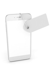 White smart phone with white price tag on white background. Identification, price, label. 3D rendering.