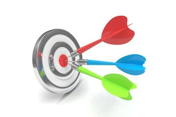 Three arrows darts in center. 3d rendering.