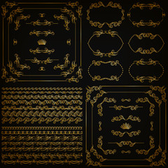 Set of gold decorative hand-drawn floral element, corner, seamless borders, frames, filigree dividers, crown on black background. Page, web site decoration in vintage style. Vector illustration EPS 10